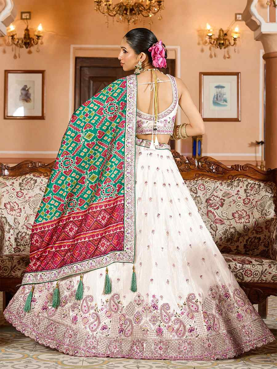 Cream Tissue Embroidered Wedding Reception Festival Heavy Border Lehenga Choli