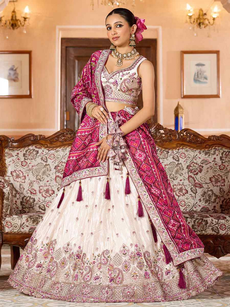 Image of Cream Tissue Embroidered Wedding Reception Festival Heavy Border Lehenga Choli