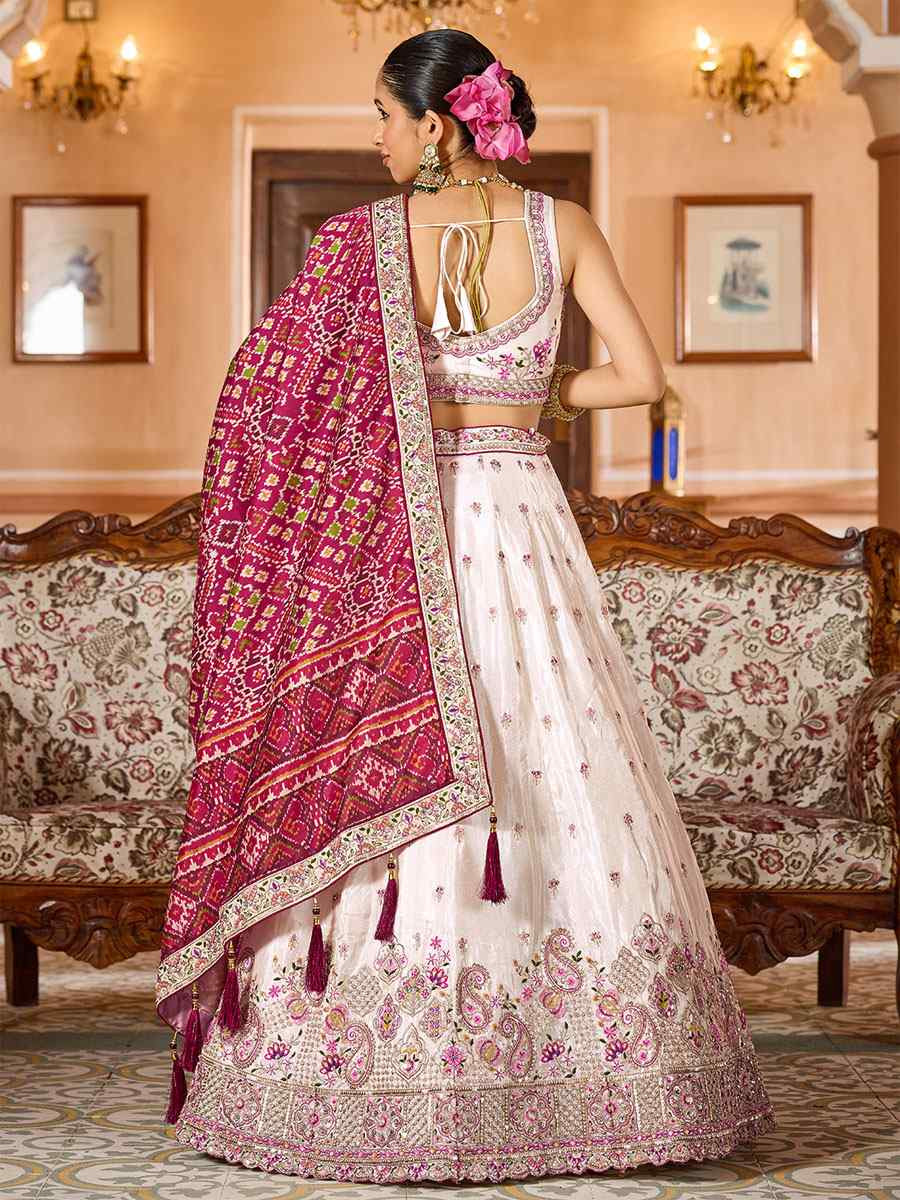Cream Tissue Embroidered Wedding Reception Festival Heavy Border Lehenga Choli