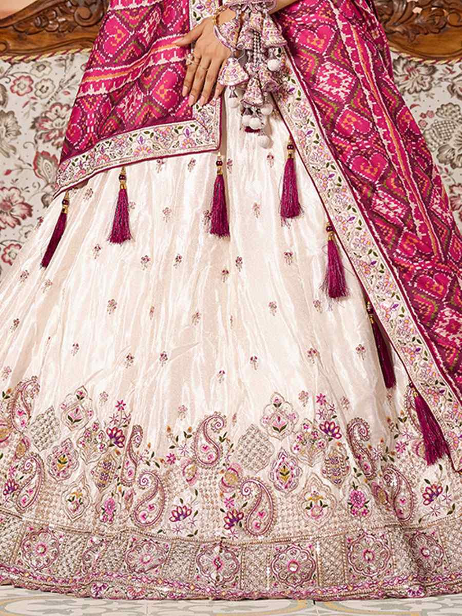 Cream Tissue Embroidered Wedding Reception Festival Heavy Border Lehenga Choli