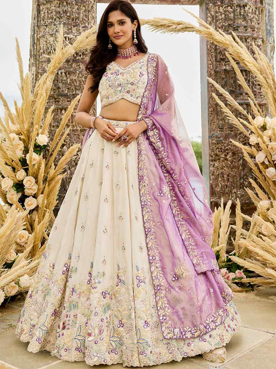 Cream Tissue Embroidered Wedding Reception Festival Heavy Border Lehenga Choli