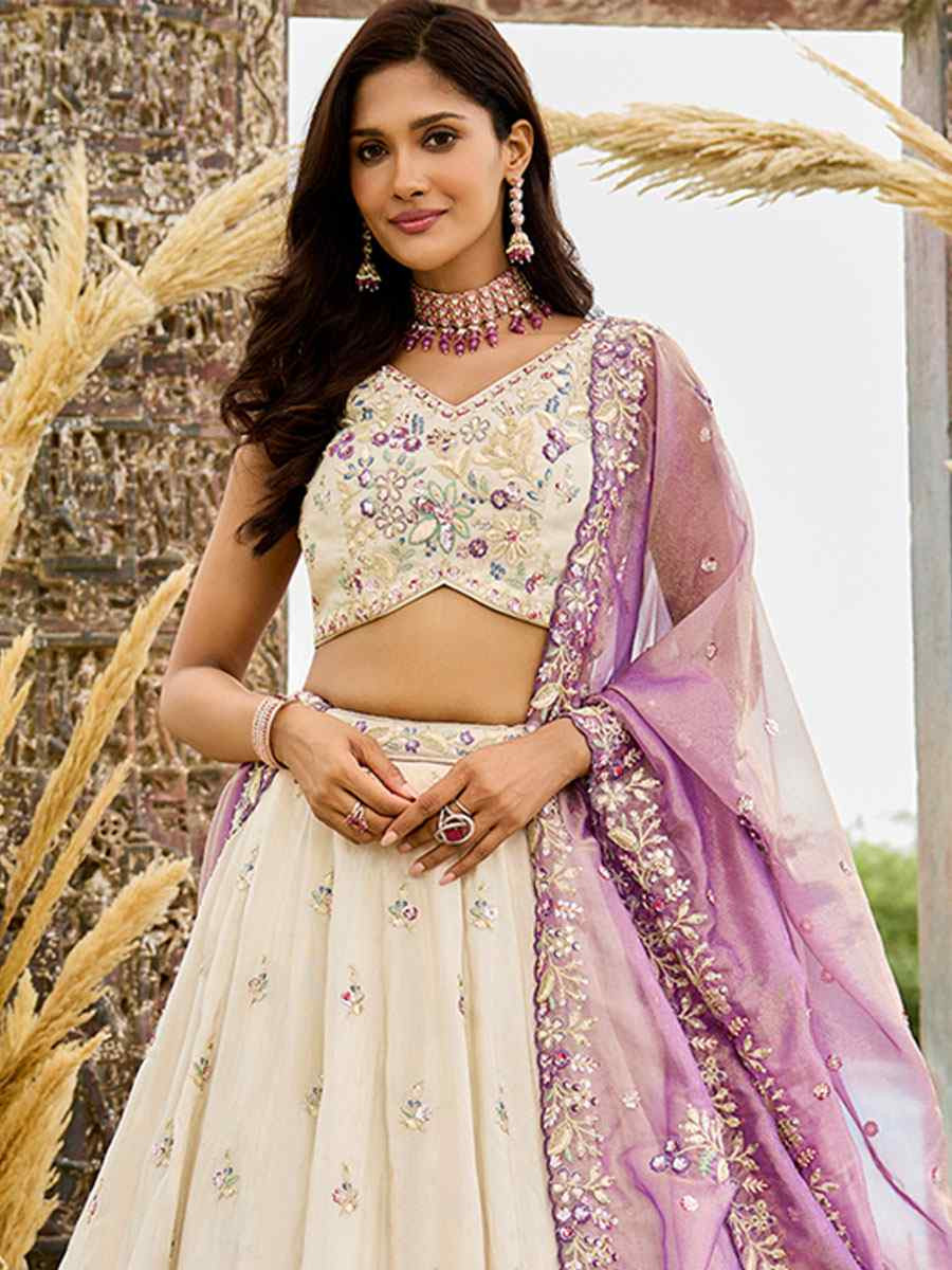 Cream Tissue Embroidered Wedding Reception Festival Heavy Border Lehenga Choli