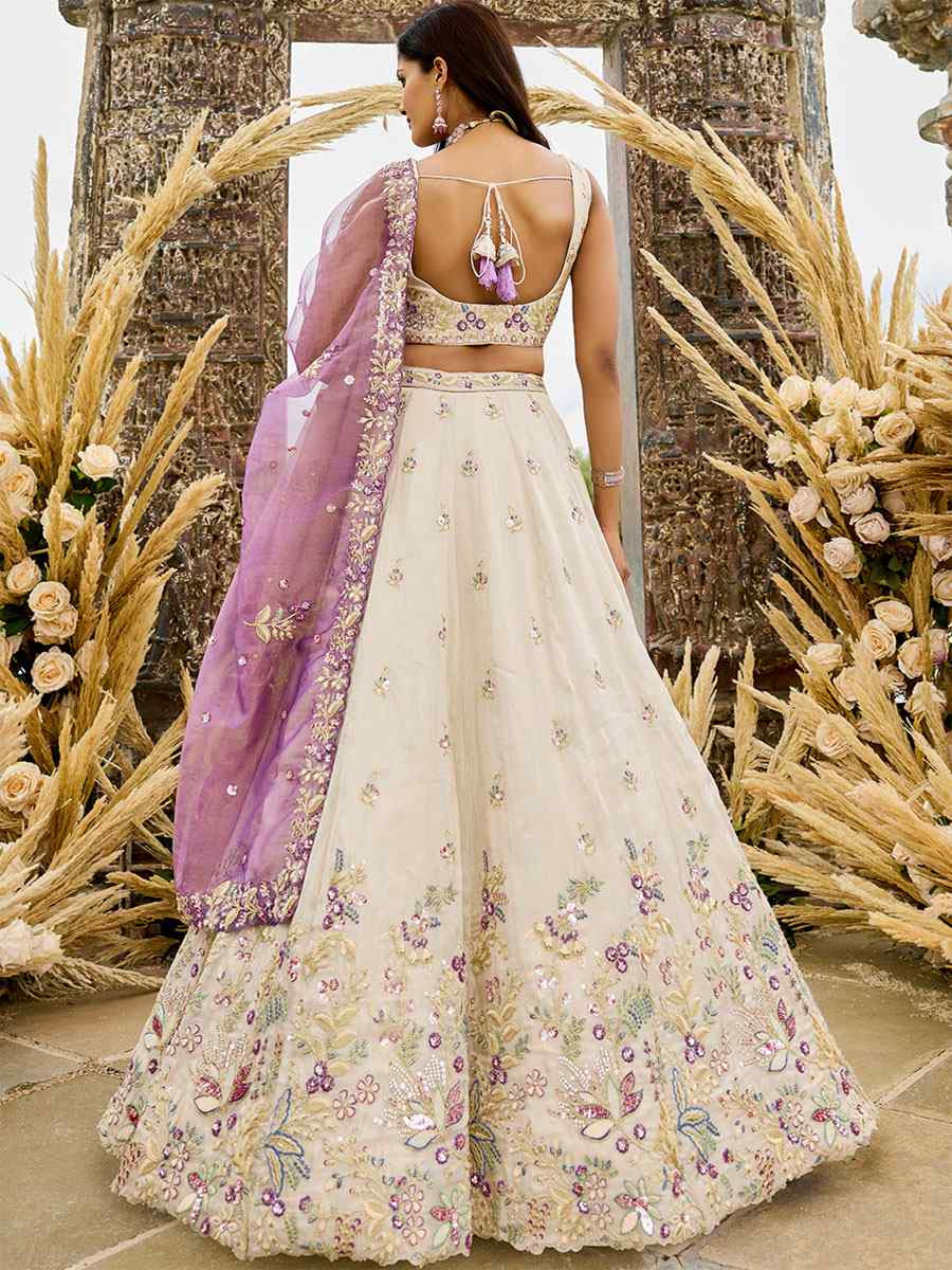 Cream Tissue Embroidered Wedding Reception Festival Heavy Border Lehenga Choli