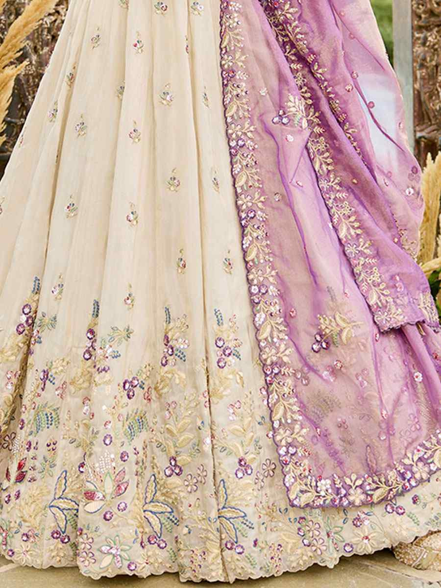 Cream Tissue Embroidered Wedding Reception Festival Heavy Border Lehenga Choli