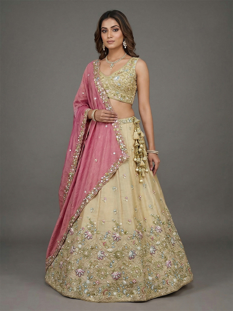Image of Cream Tissue Embroidery Wedding Reception Party Festival Heavy Border Lehenga Choli