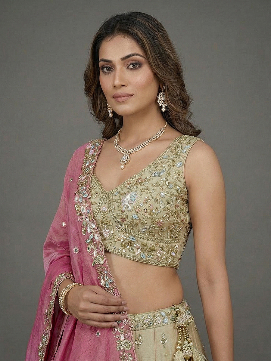 Cream Tissue Embroidery Wedding Reception Party Festival Heavy Border Lehenga Choli