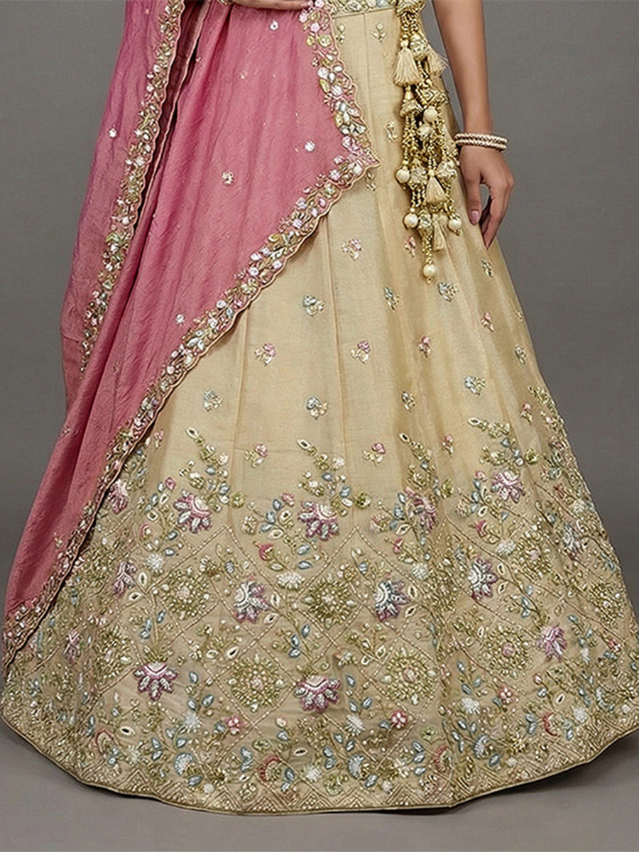 Cream Tissue Embroidery Wedding Reception Party Festival Heavy Border Lehenga Choli
