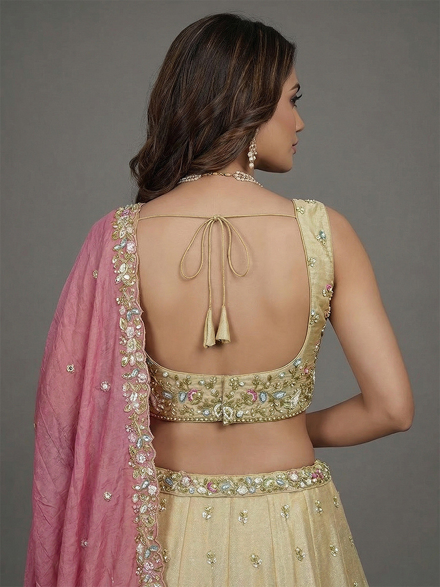 Cream Tissue Embroidery Wedding Reception Party Festival Heavy Border Lehenga Choli