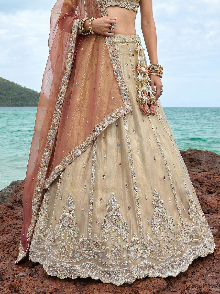 Cream Tissue Embroidery Wedding Reception Party Festival Heavy Border Lehenga Choli