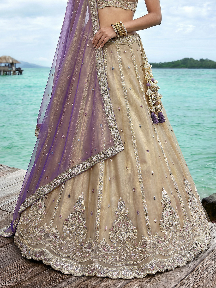 Cream Tissue Embroidery Wedding Reception Party Festival Heavy Border Lehenga Choli