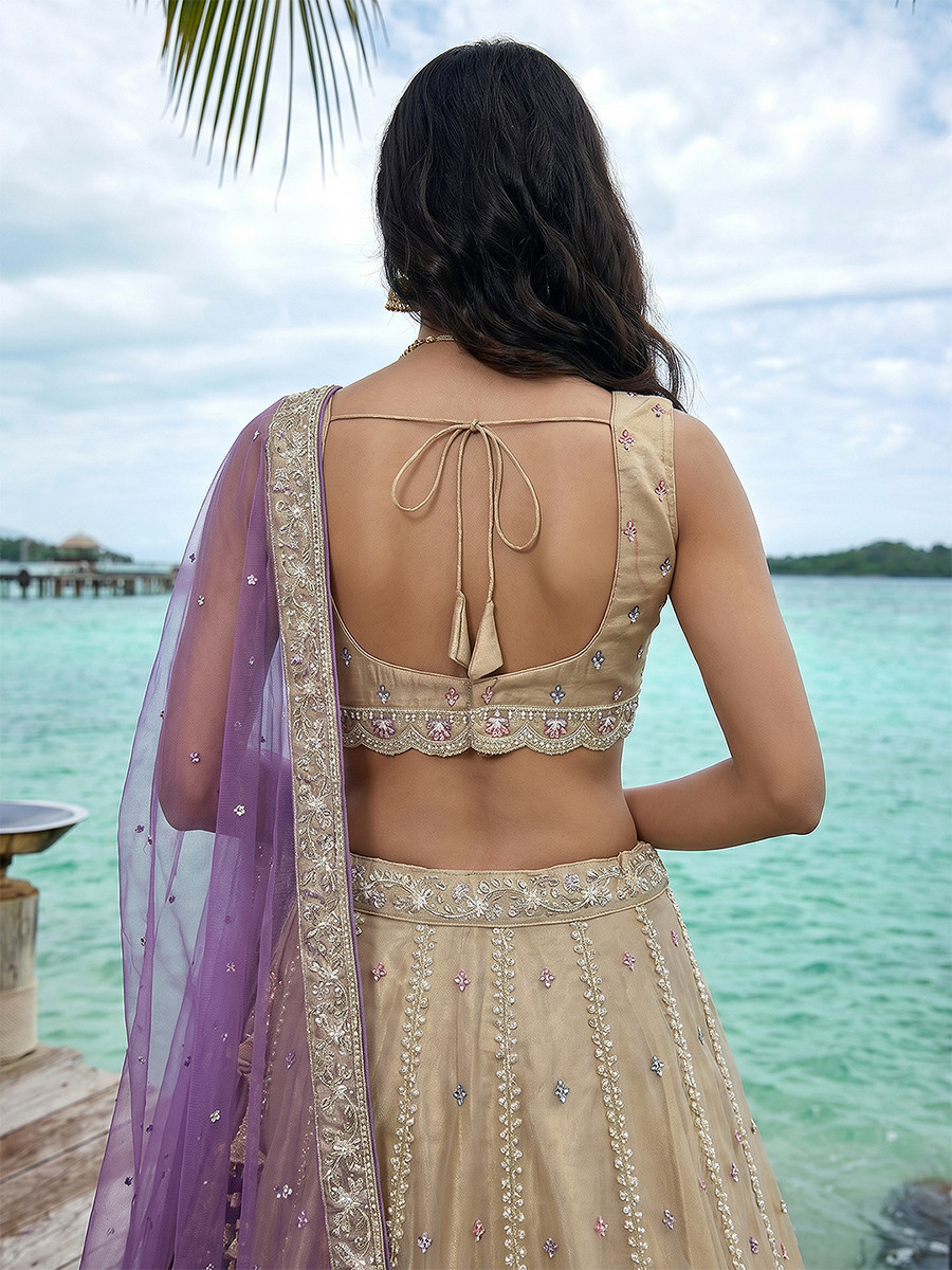 Cream Tissue Embroidery Wedding Reception Party Festival Heavy Border Lehenga Choli
