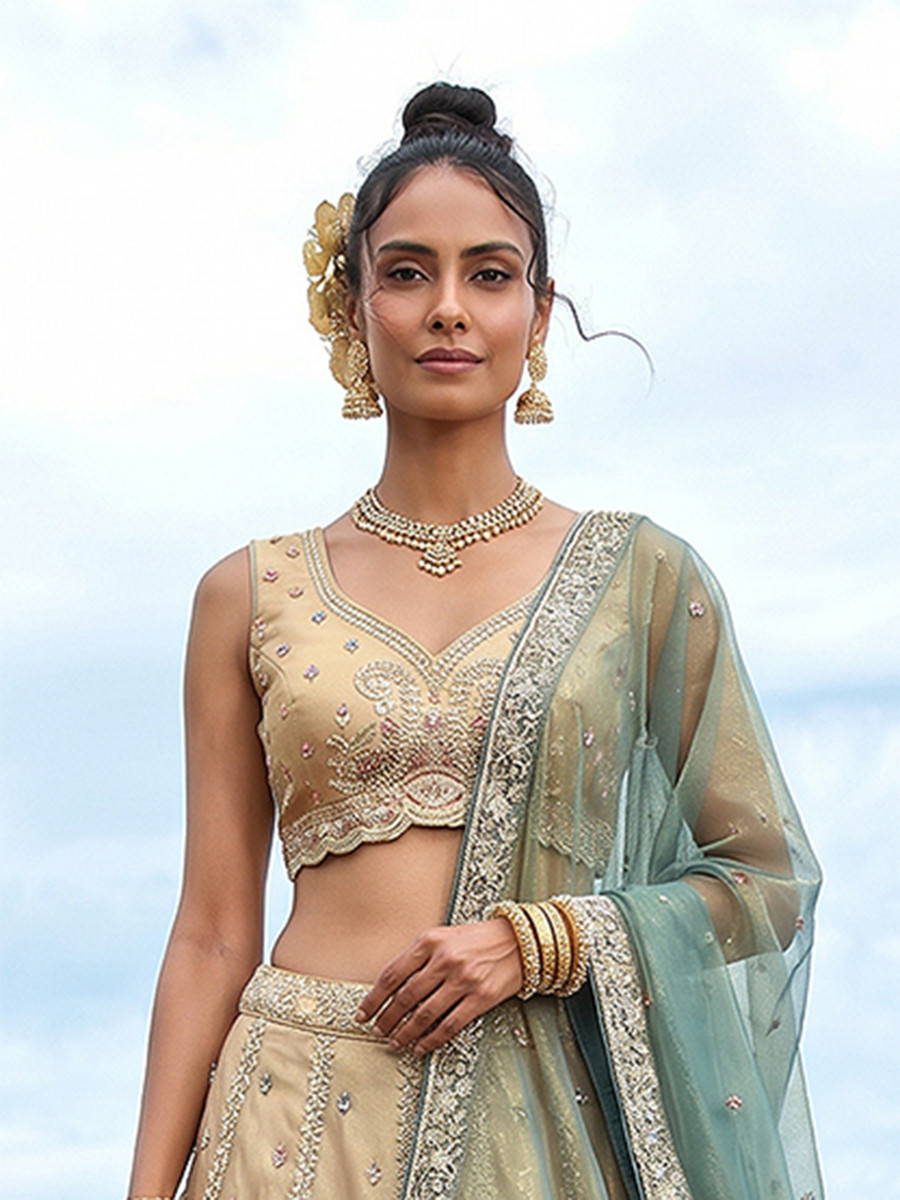 Cream Tissue Embroidery Zari Sequins Wedding Reception Party Wear Festival Heavy Border Lehenga Choli