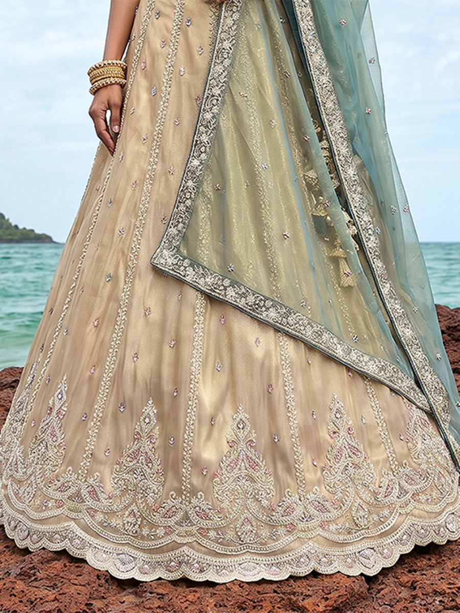 Cream Tissue Embroidery Zari Sequins Wedding Reception Party Wear Festival Heavy Border Lehenga Choli