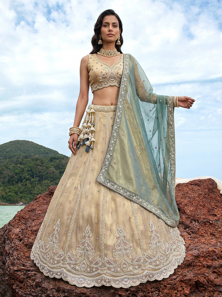 Cream Tissue Embroidery Zari Sequins Wedding Reception Party Wear Festival Heavy Border Lehenga Choli