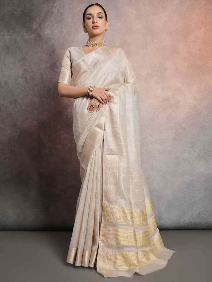 Cream Tissue Linen Handwoven Casual Festival Classic Style Saree