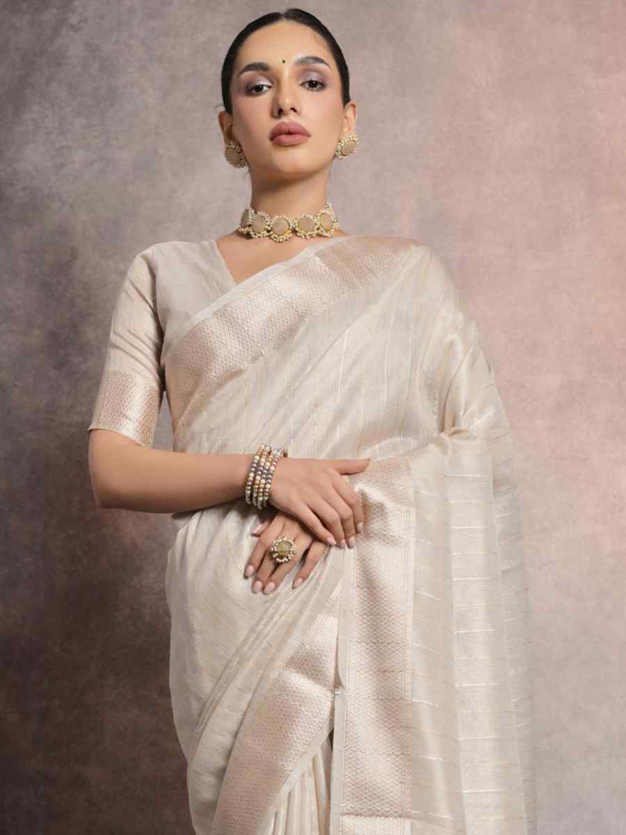 Cream Tissue Linen Handwoven Casual Festival Classic Style Saree