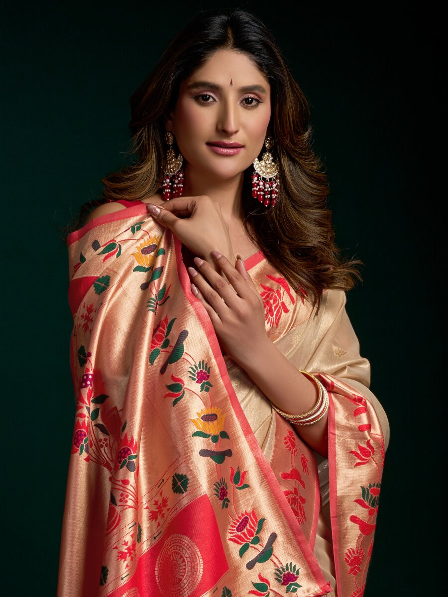 Cream Tissue Paithani Silk Embroidery Wedding Reception Party Festival Heavy Border Sarees