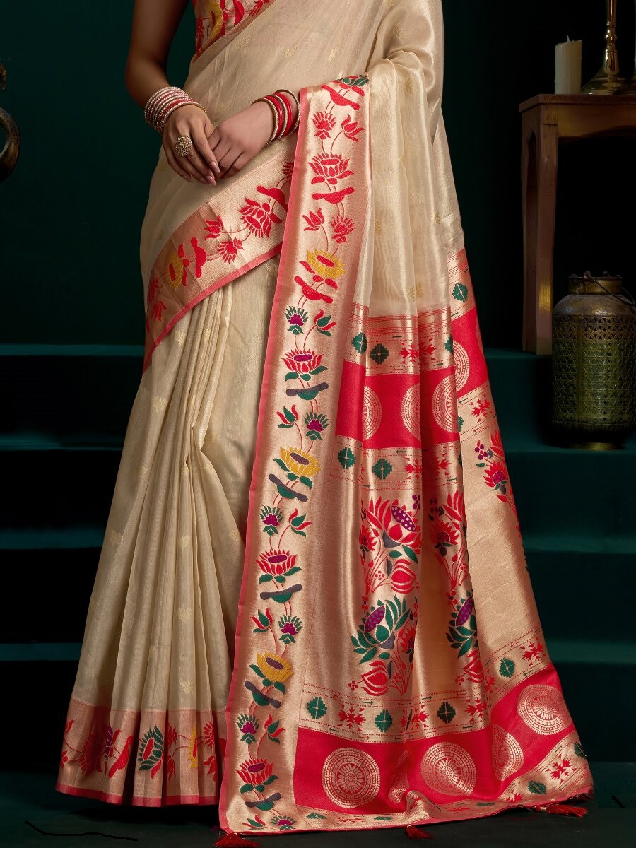 Cream Tissue Paithani Silk Embroidery Wedding Reception Party Festival Heavy Border Sarees