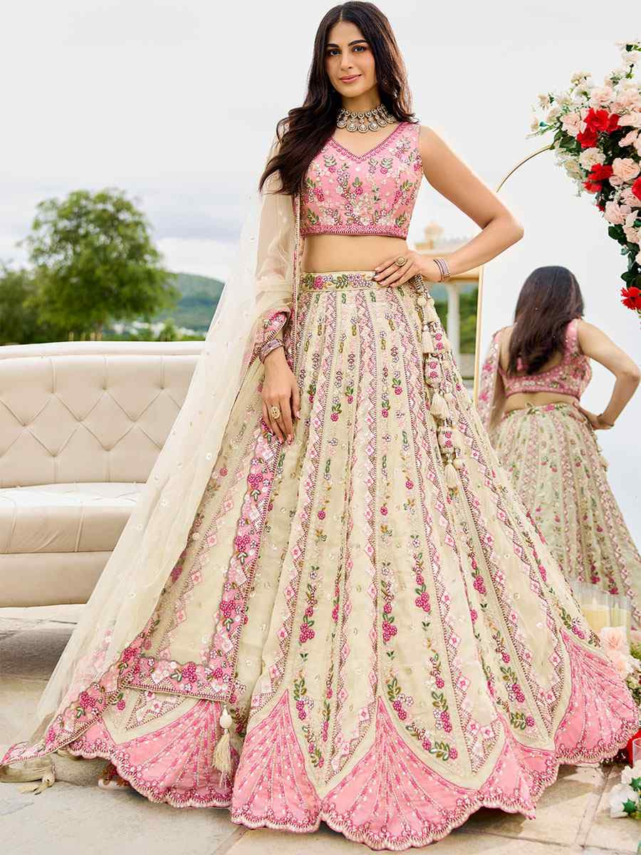Cream Tissue Silk Embroidered Wedding Reception Festival Heavy Border Lehenga Choli