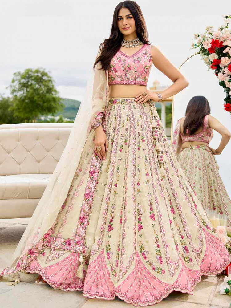 Image of Cream Tissue Silk Embroidered Wedding Reception Festival Heavy Border Lehenga Choli