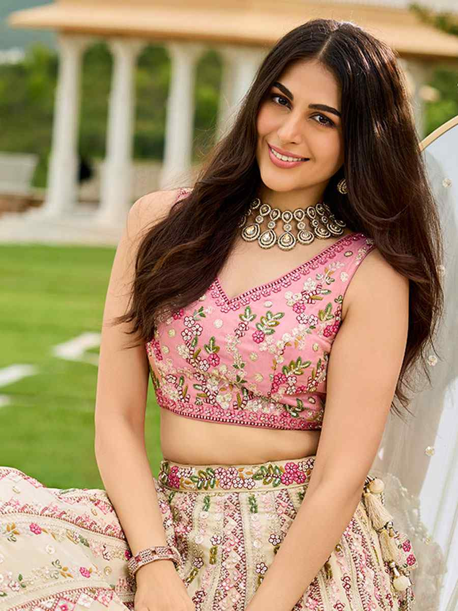 Cream Tissue Silk Embroidered Wedding Reception Festival Heavy Border Lehenga Choli