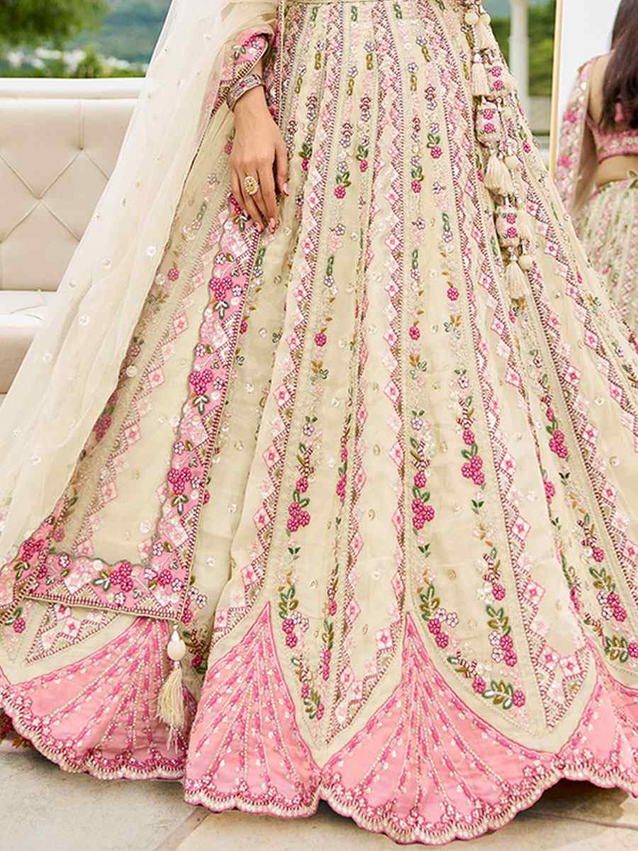 Cream Tissue Silk Embroidered Wedding Reception Festival Heavy Border Lehenga Choli