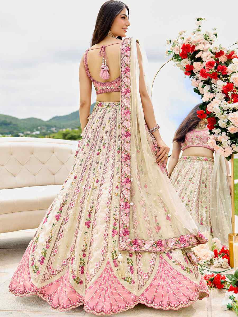 Cream Tissue Silk Embroidered Wedding Reception Festival Heavy Border Lehenga Choli