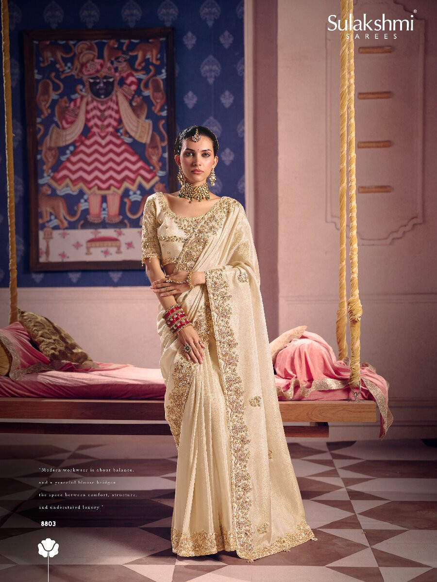 Cream Tissue Silk Embroidery Sequins Zari Wedding Party Festival Casual Heavy Border Sarees