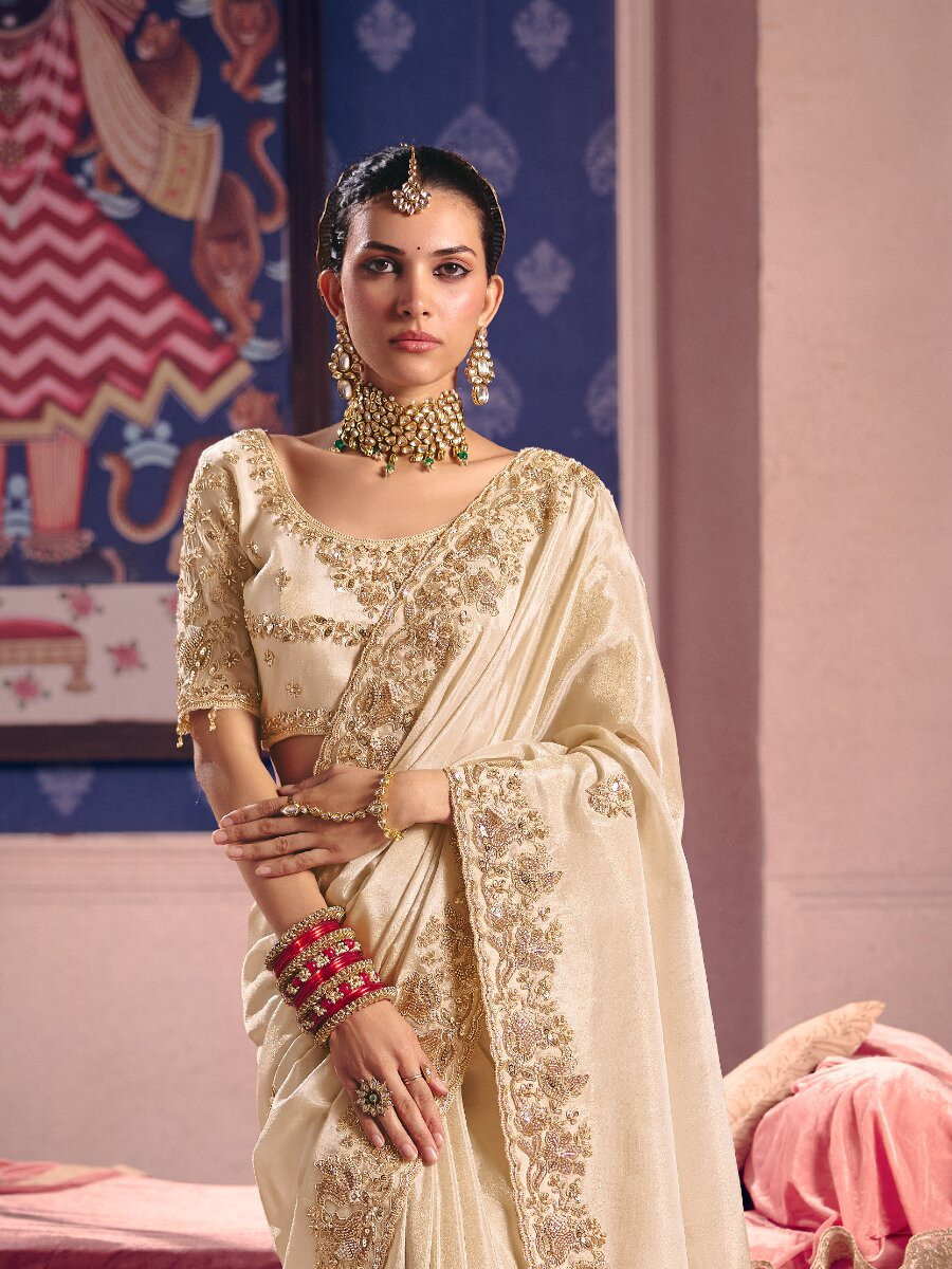Cream Tissue Silk Embroidery Sequins Zari Wedding Party Festival Casual Heavy Border Sarees