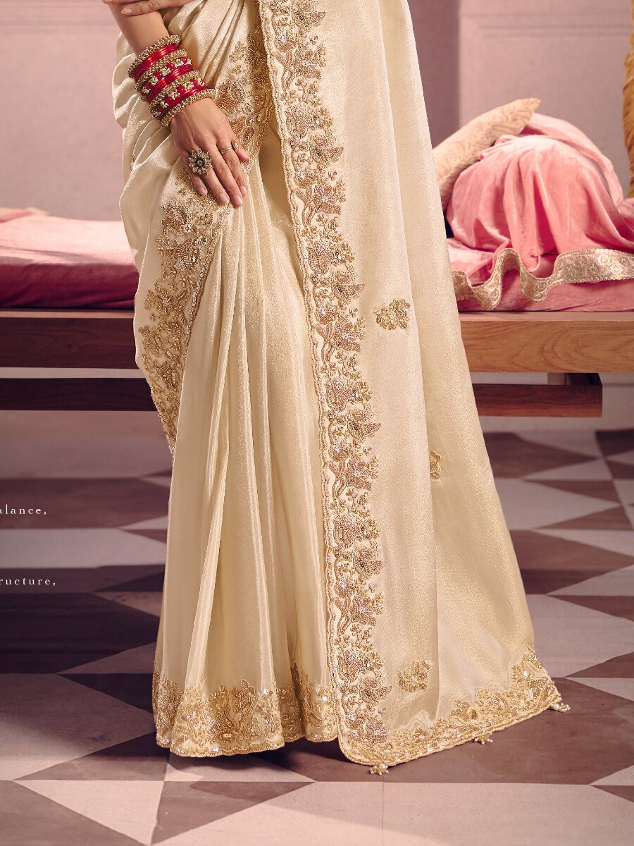 Cream Tissue Silk Embroidery Sequins Zari Wedding Party Festival Casual Heavy Border Sarees