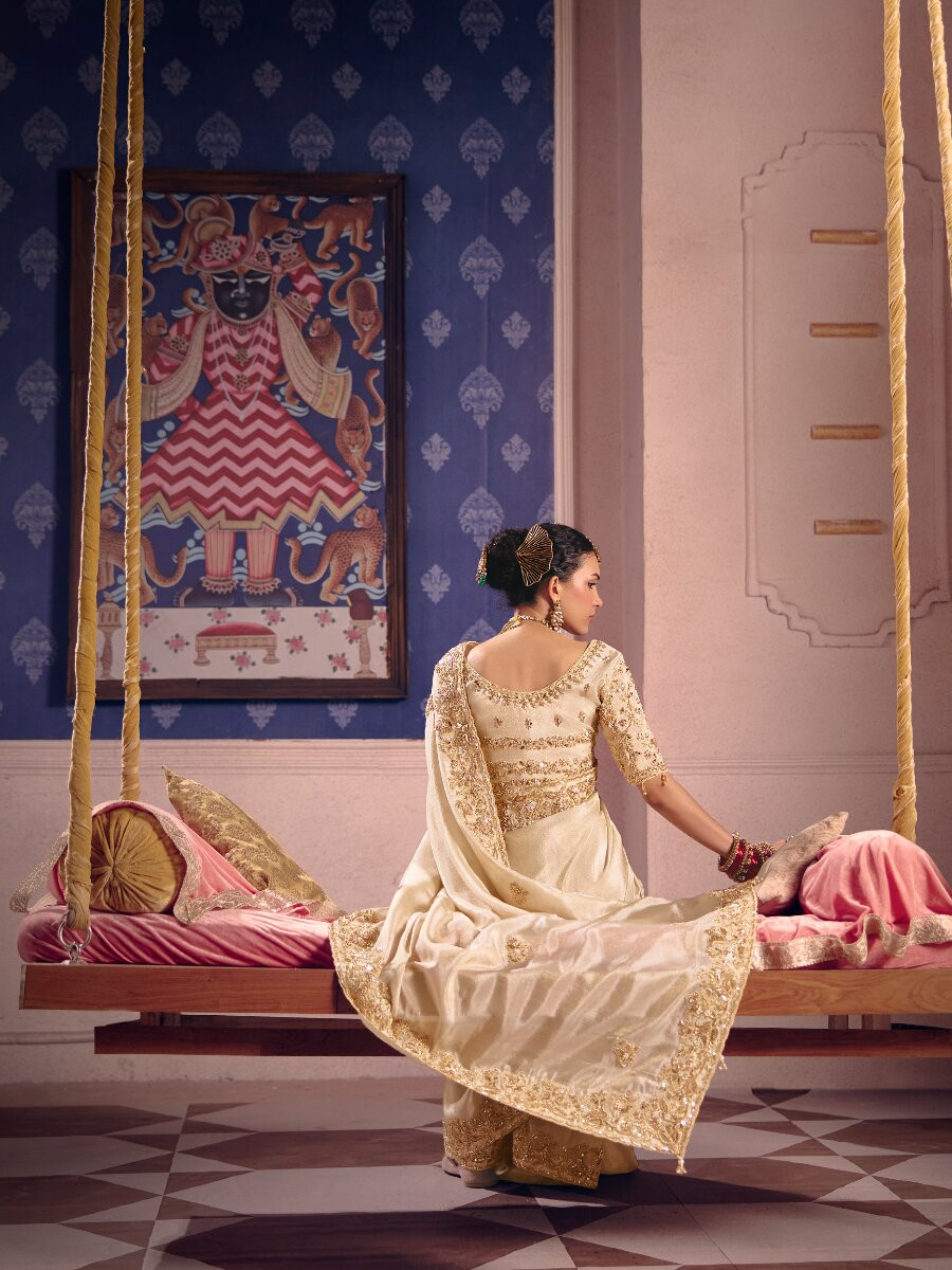 Cream Tissue Silk Embroidery Sequins Zari Wedding Party Festival Casual Heavy Border Sarees
