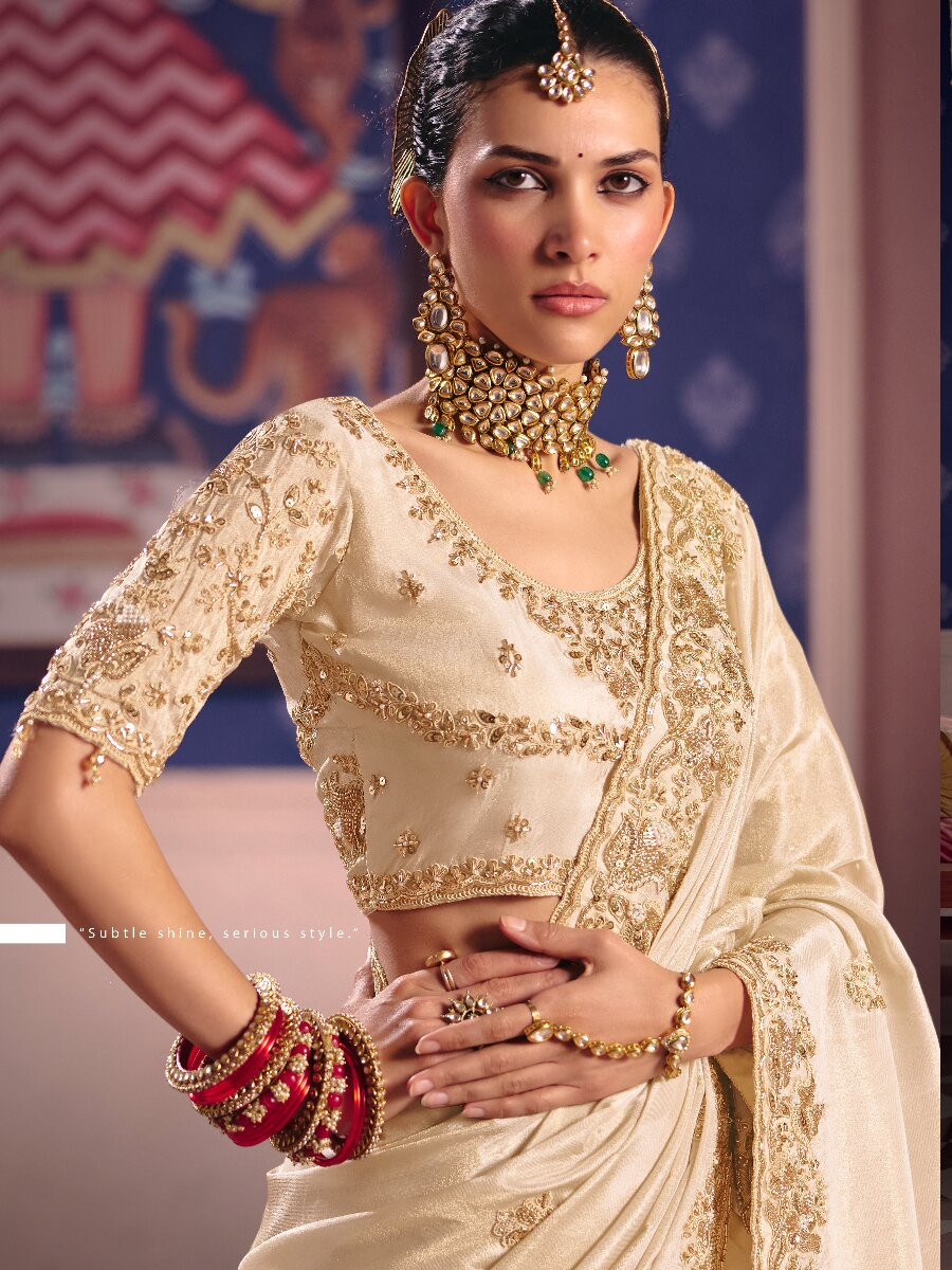 Cream Tissue Silk Embroidery Sequins Zari Wedding Party Festival Casual Heavy Border Sarees