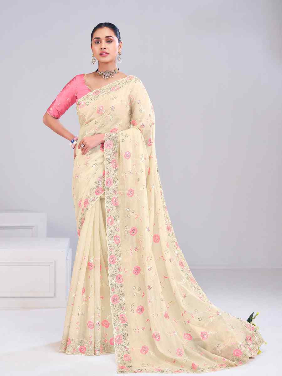 Cream Tissue Silk Embroidery Traditional Bridal Reception Festival Wedding Fancy Heavy Border Saree