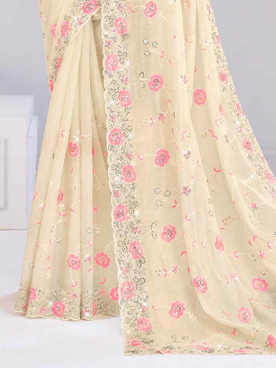 Cream Tissue Silk Embroidery Traditional Bridal Reception Festival Wedding Fancy Heavy Border Saree