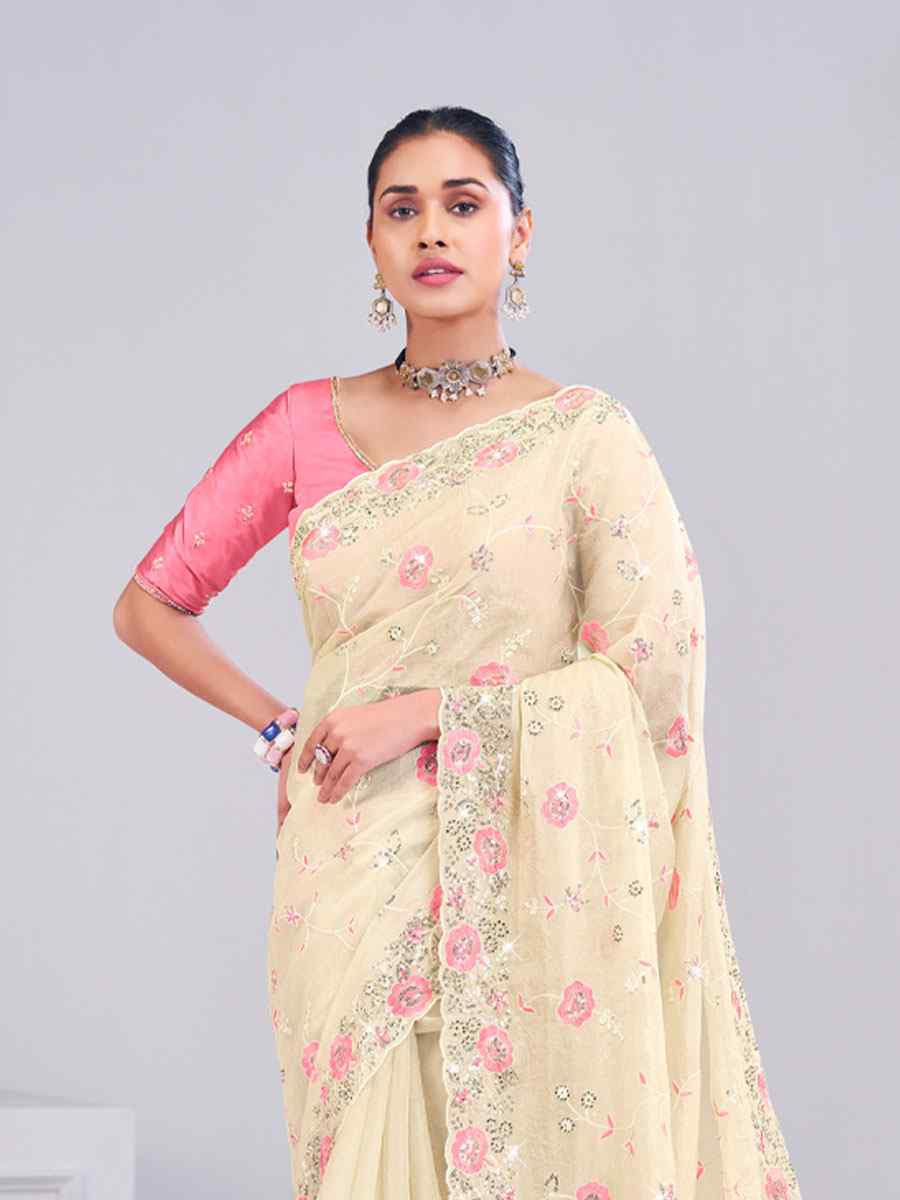 Cream Tissue Silk Embroidery Traditional Bridal Reception Festival Wedding Fancy Heavy Border Saree