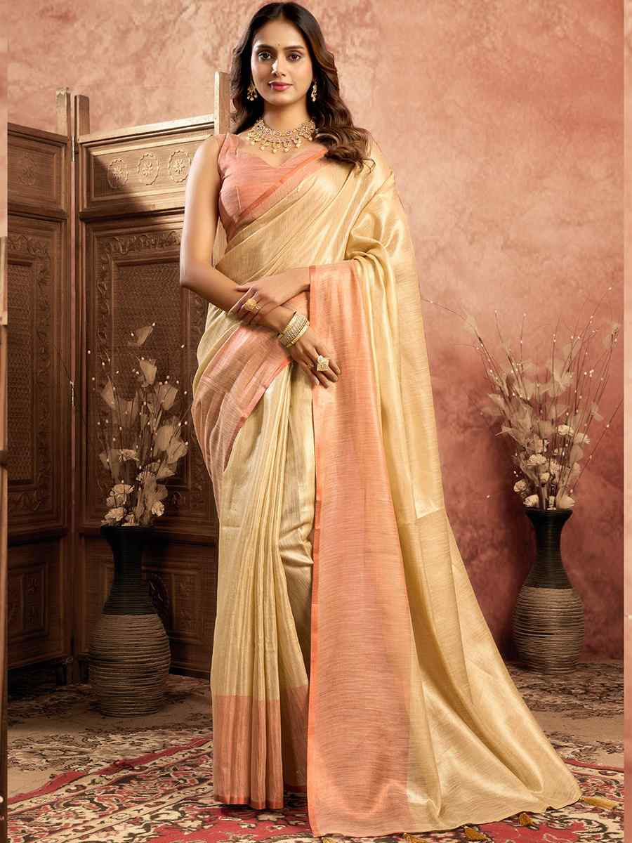 Cream Tissue Silk Handwoven Festival Wedding Fancy Heavy Border Saree