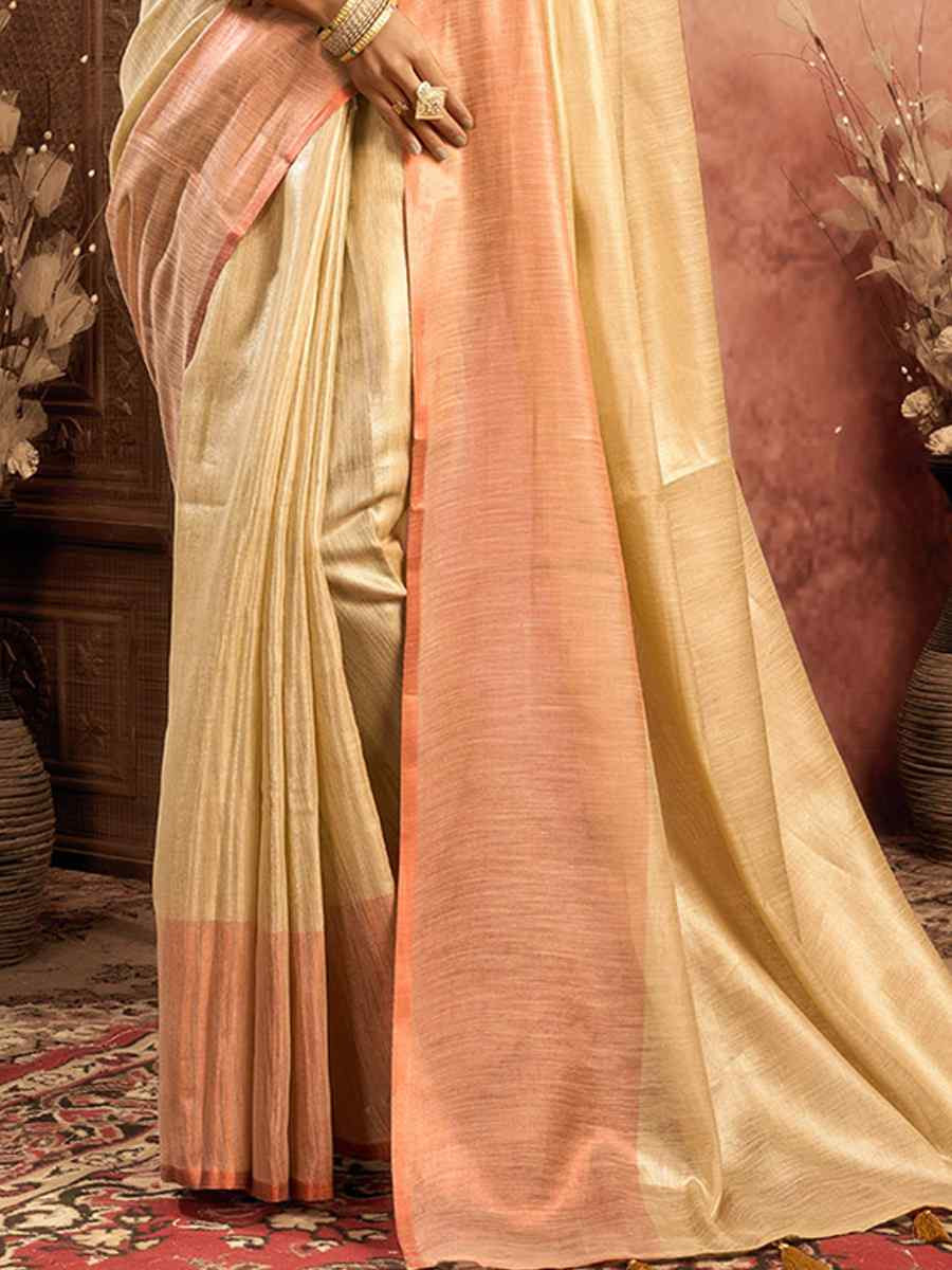 Cream Tissue Silk Handwoven Festival Wedding Fancy Heavy Border Saree