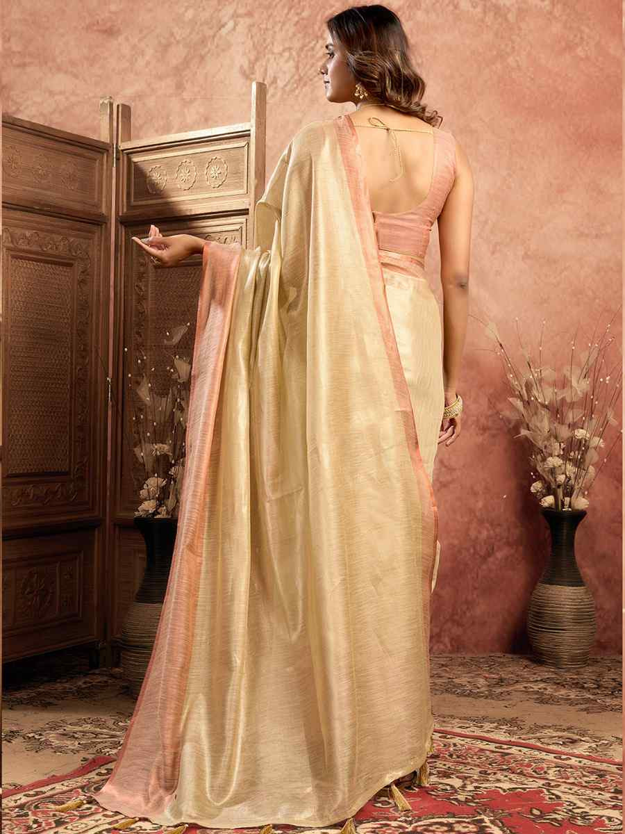 Cream Tissue Silk Handwoven Festival Wedding Fancy Heavy Border Saree