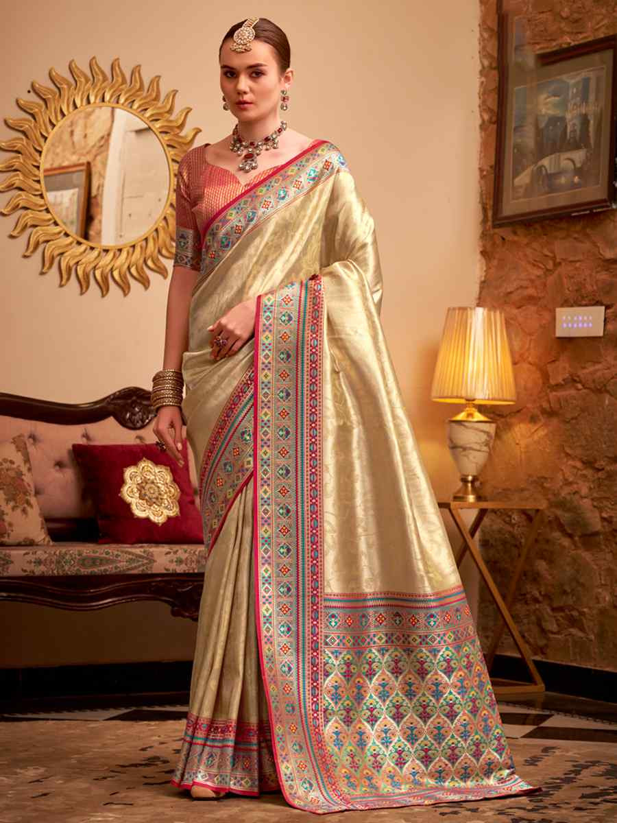 Cream Tissue Silk Handwoven Traditional Bridal Reception Festival Wedding Fancy Heavy Border Saree