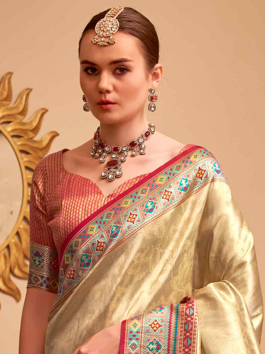 Cream Tissue Silk Handwoven Traditional Bridal Reception Festival Wedding Fancy Heavy Border Saree