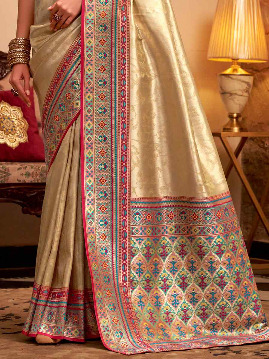 Cream Tissue Silk Handwoven Traditional Bridal Reception Festival Wedding Fancy Heavy Border Saree