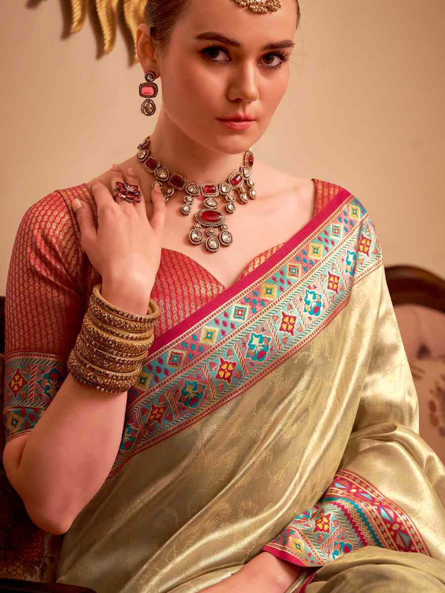 Cream Tissue Silk Handwoven Traditional Bridal Reception Festival Wedding Fancy Heavy Border Saree