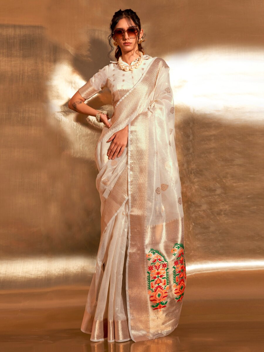 Cream Tissue Silk Zari Weaving Work Wedding Reception Party Festival Casual Heavy Border Sarees