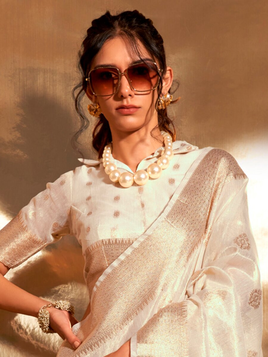 Cream Tissue Silk Zari Weaving Work Wedding Reception Party Festival Casual Heavy Border Sarees