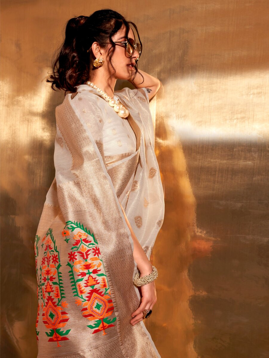 Cream Tissue Silk Zari Weaving Work Wedding Reception Party Festival Casual Heavy Border Sarees