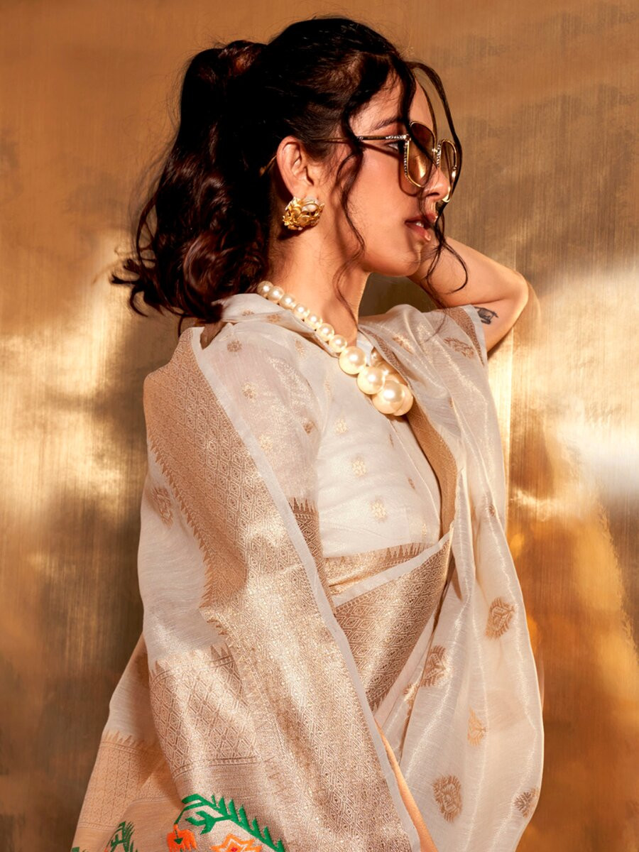 Cream Tissue Silk Zari Weaving Work Wedding Reception Party Festival Casual Heavy Border Sarees