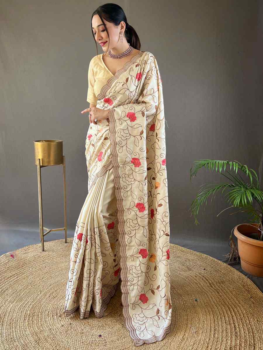 Cream Tussar Silk Handwoven Wedding Festival Heavy Border Saree