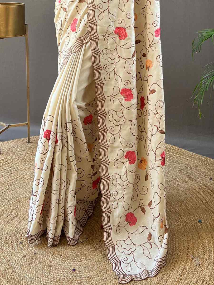 Cream Tussar Silk Handwoven Wedding Festival Heavy Border Saree