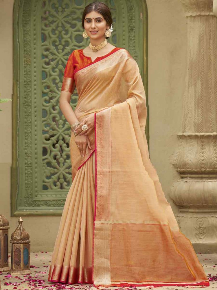 Cream Tussar Silk Handwoven Wedding Festival Heavy Border Saree