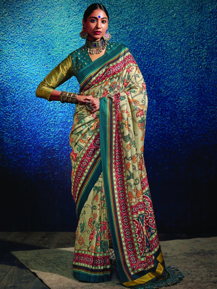 Cream Tussar Silk Printed Casual Festival Contemporary Saree